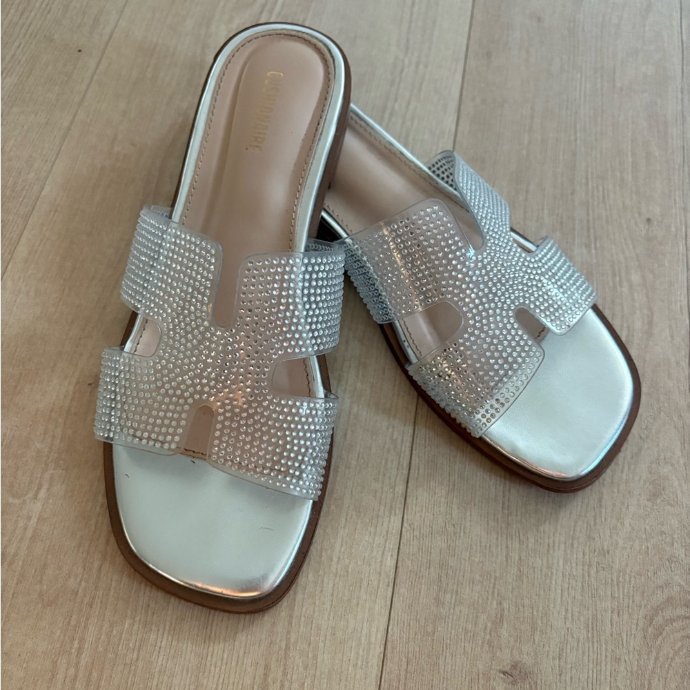 Rhinestone-Embellished Silver Slide Mules